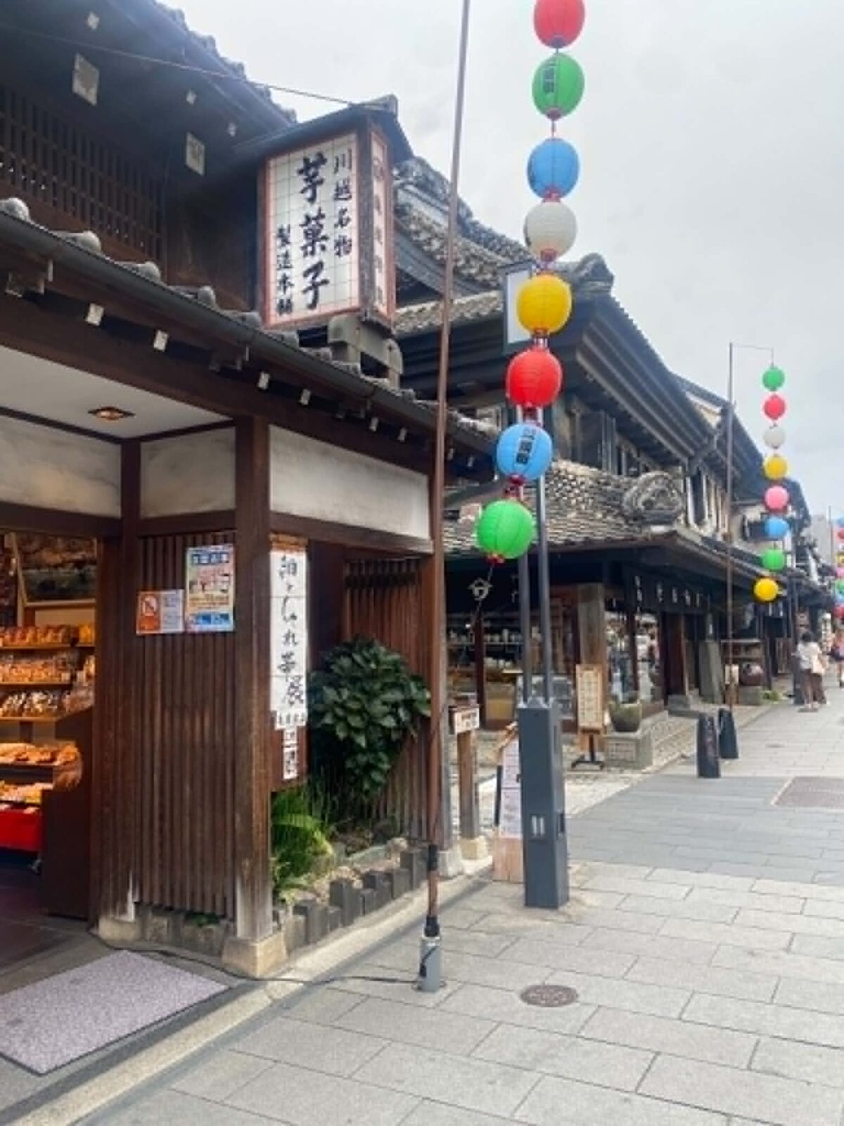 Wooden stores and ornate buildings line a stone street.