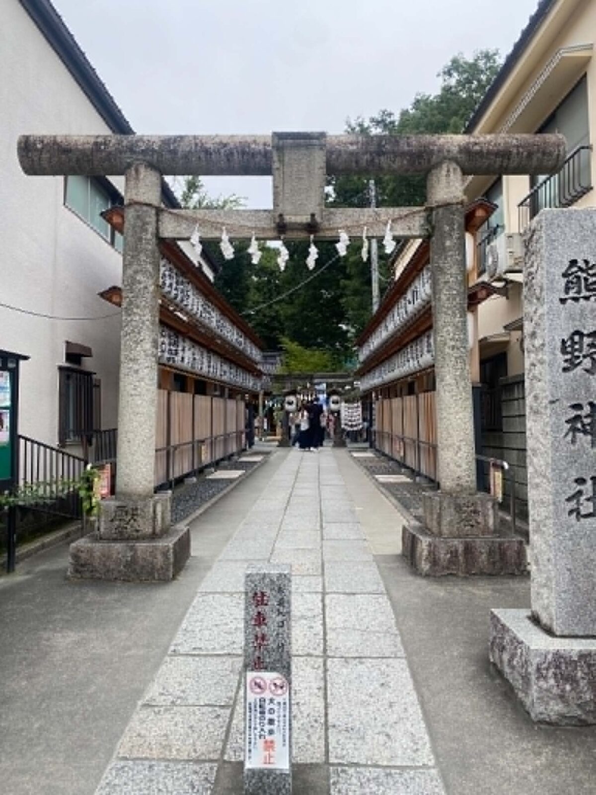 A stone shrine, and a stone path, between two small buildings.