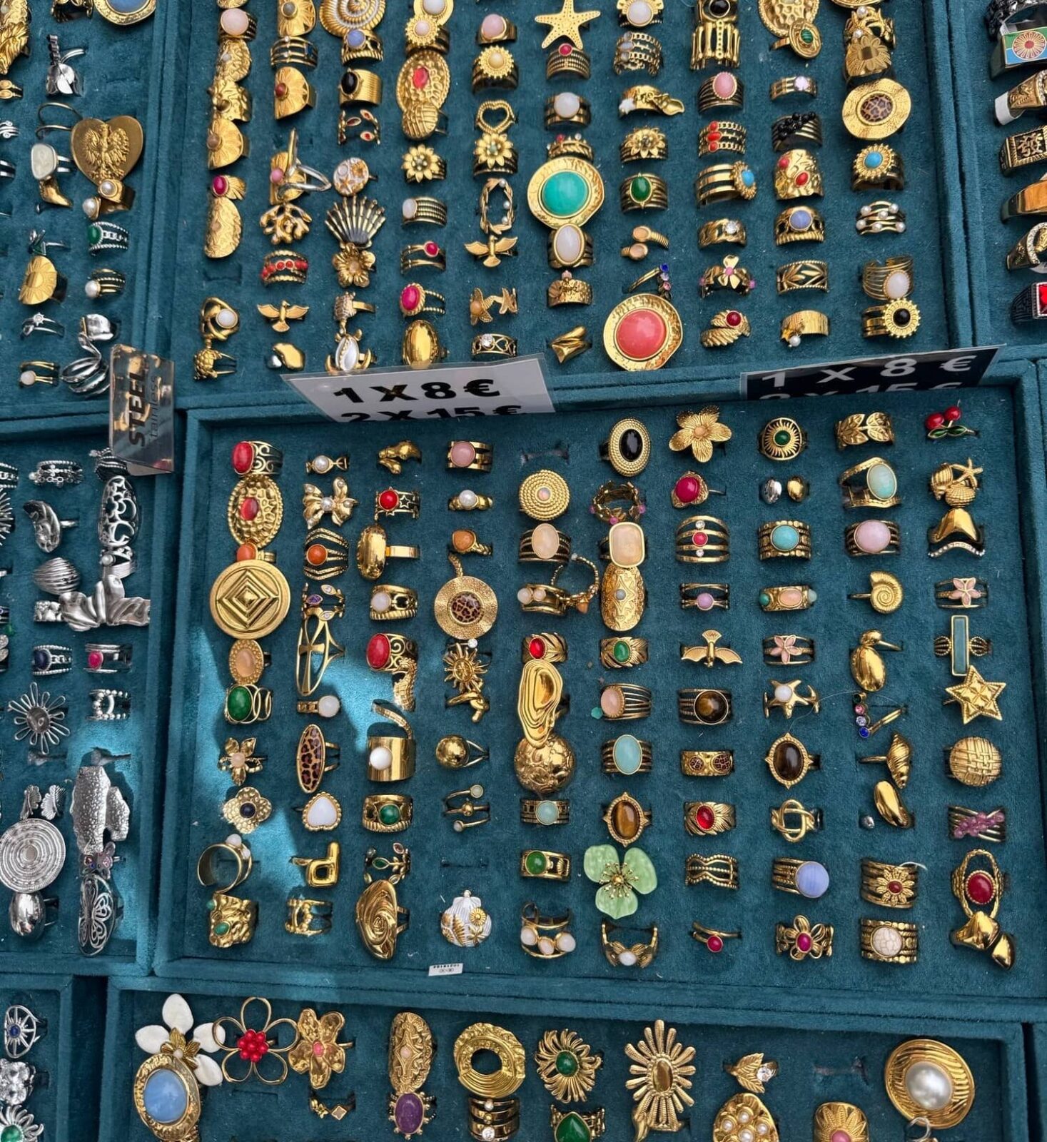 A display of a large assortment of rings in vary sizes and colors